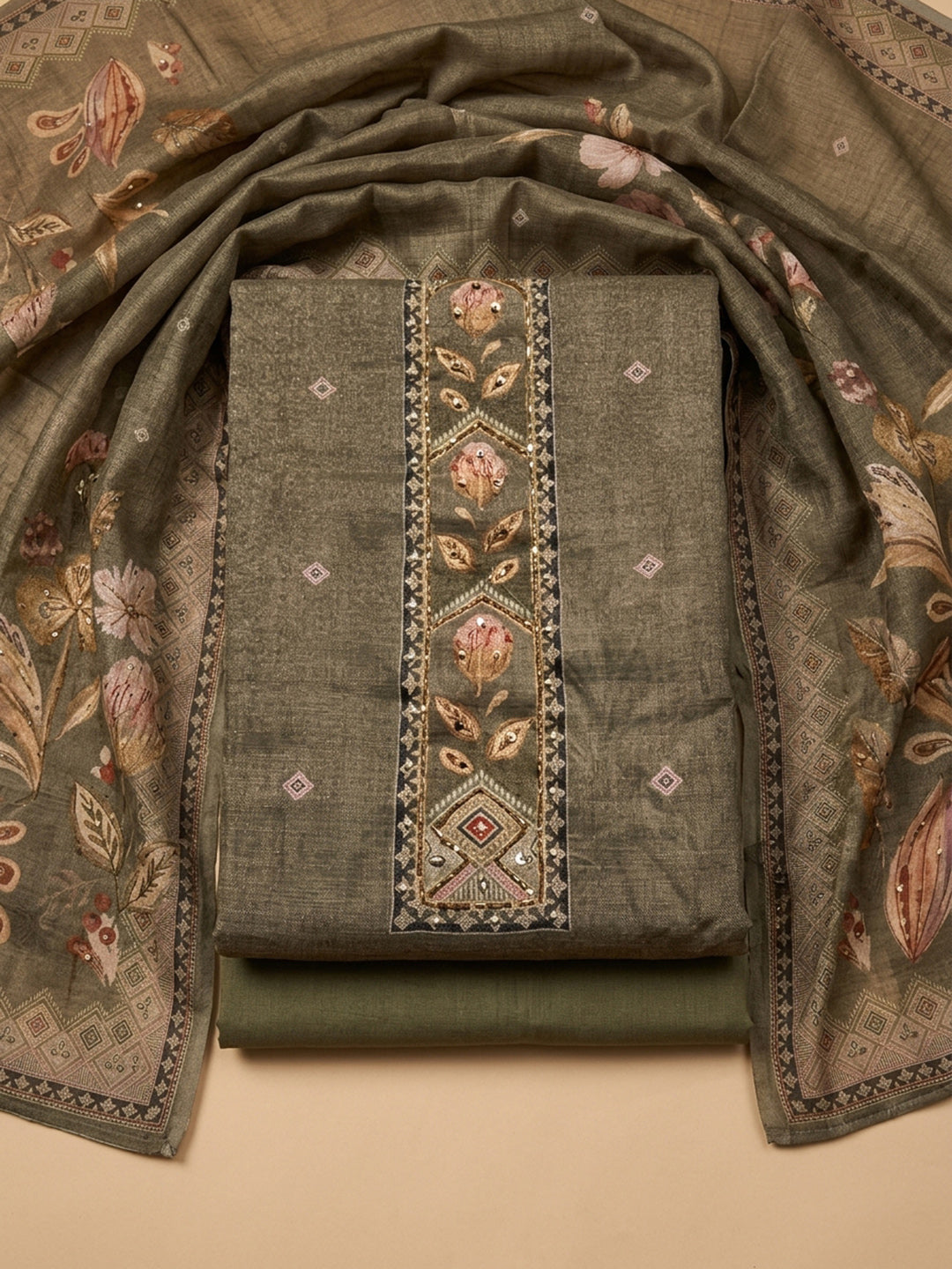 Brown Printed Linen Blend Unstitched Dress Material