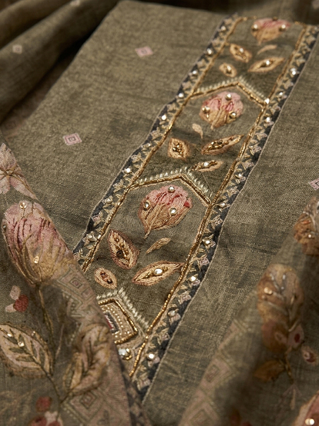 Brown Printed Linen Blend Unstitched Dress Material