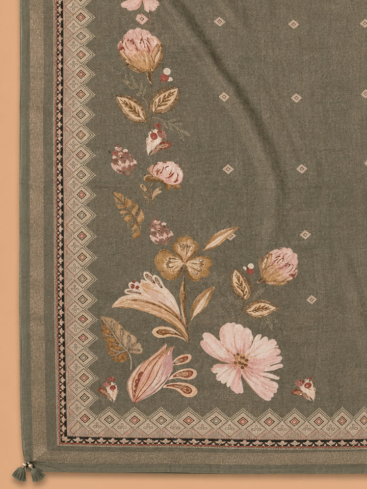 Brown Printed Linen Blend Unstitched Dress Material
