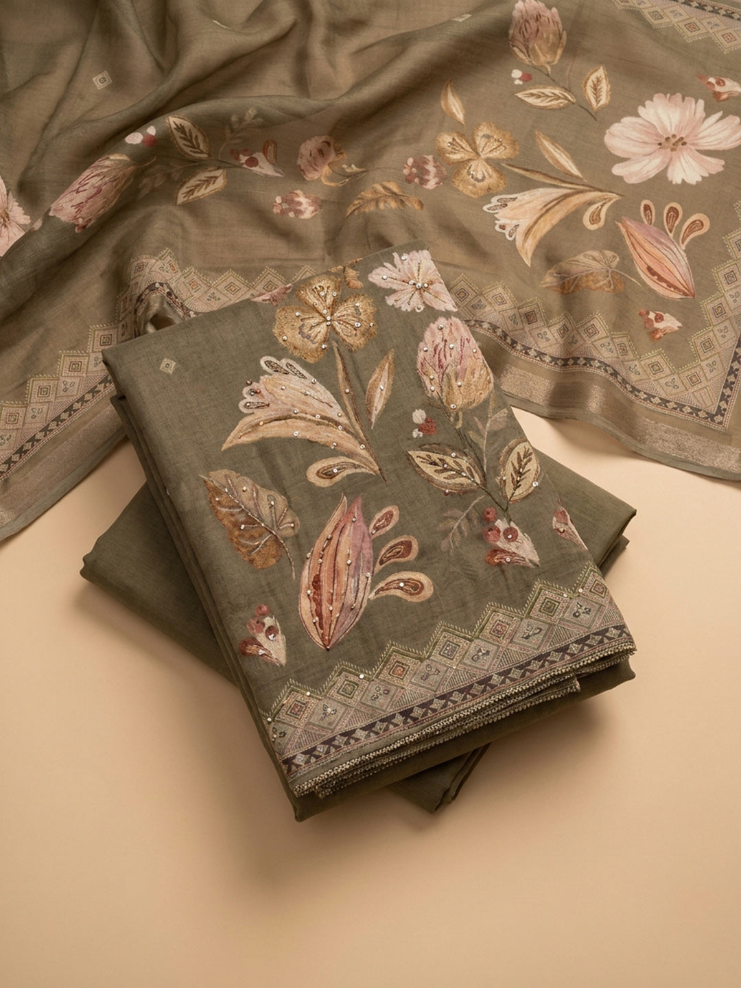 Brown Printed Linen Blend Unstitched Dress Material