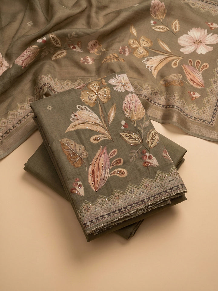 Brown Printed Linen Blend Unstitched Dress Material
