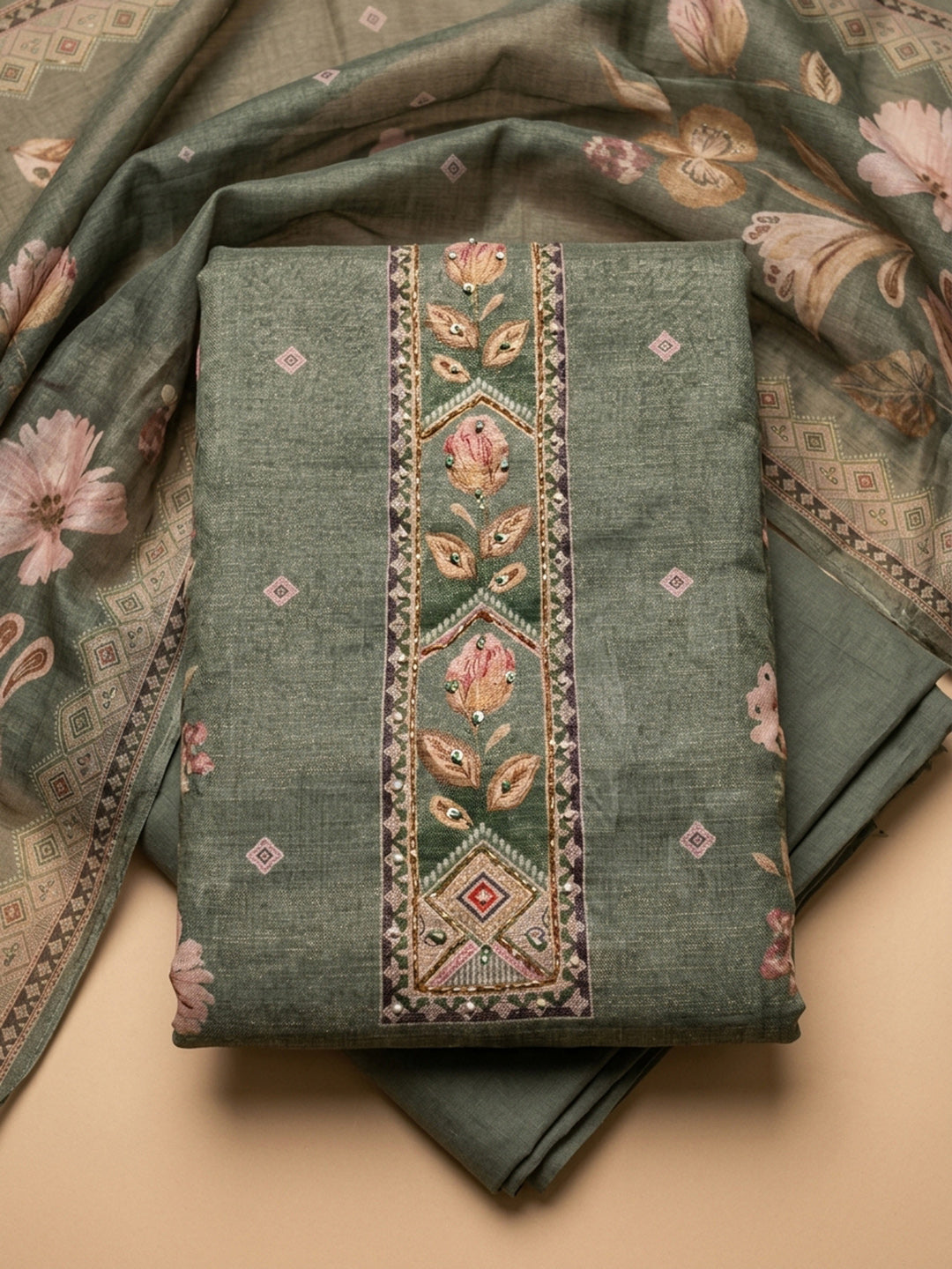 Green Printed Linen Blend Unstitched Dress Material