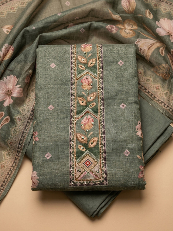 Green Printed Linen Blend Unstitched Dress Material
