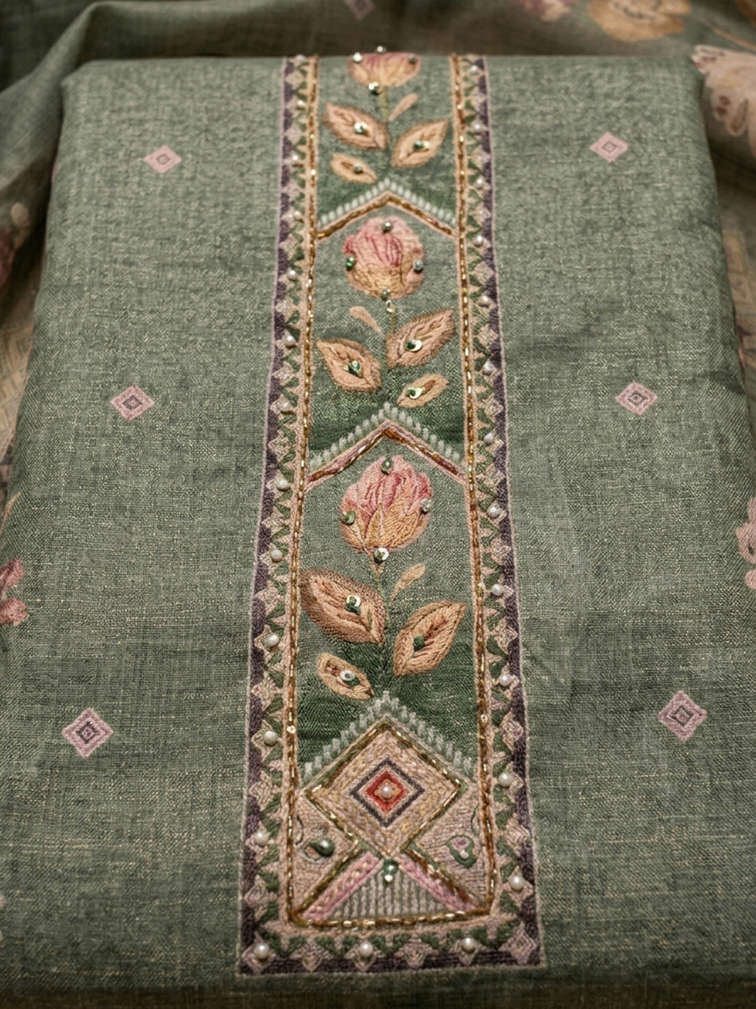 Green Printed Linen Blend Unstitched Dress Material