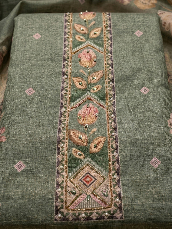 Green Printed Linen Blend Unstitched Dress Material