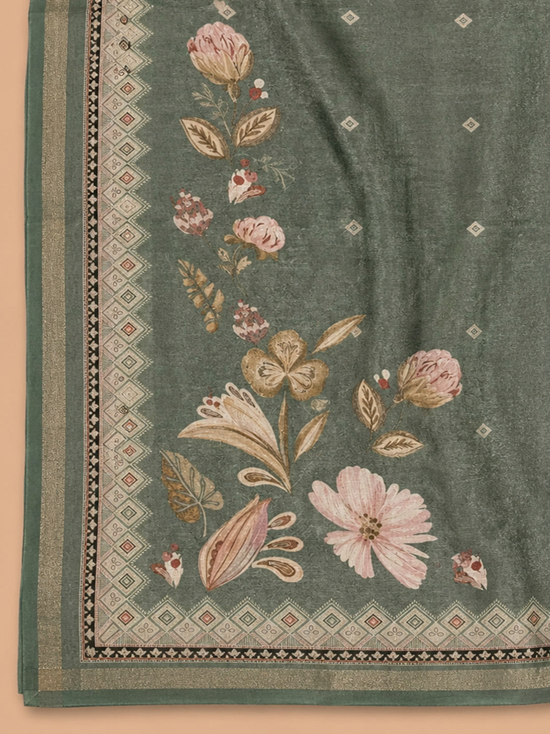 Green Printed Linen Blend Unstitched Dress Material