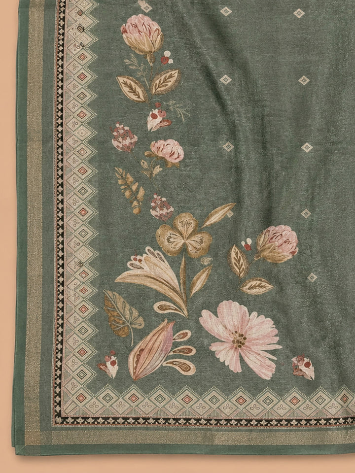 Green Printed Linen Blend Unstitched Dress Material