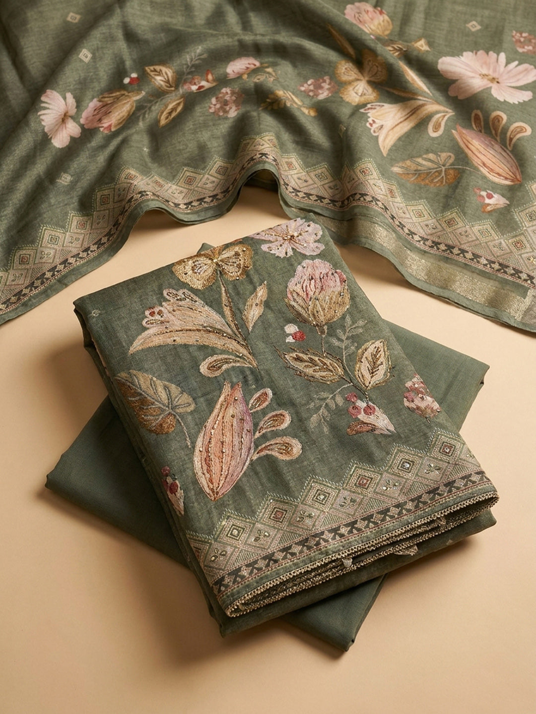 Green Printed Linen Blend Unstitched Dress Material