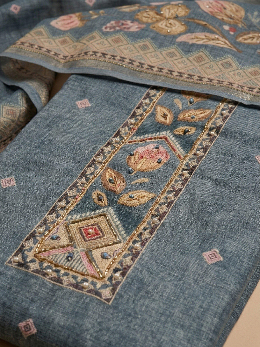 Grey Printed Linen Blend Unstitched Dress Material
