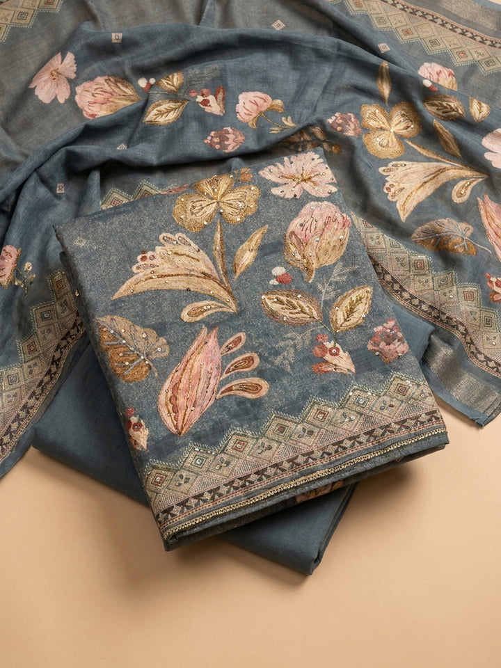 Grey Printed Linen Blend Unstitched Dress Material