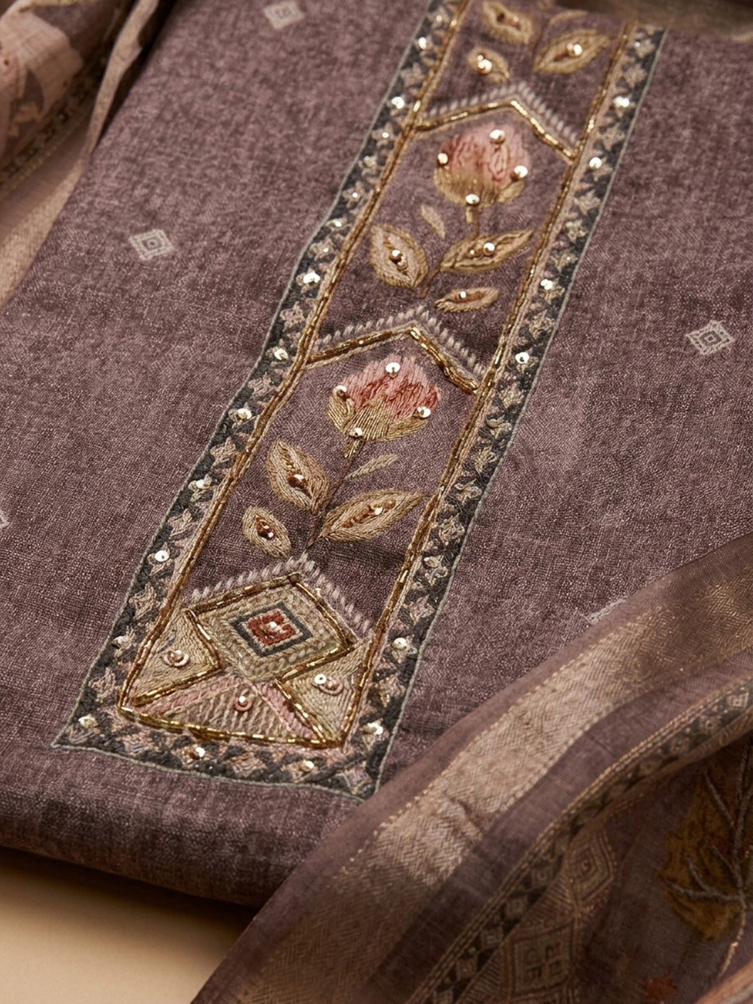 Onion Pink Printed Linen Blend Unstitched Dress Material
