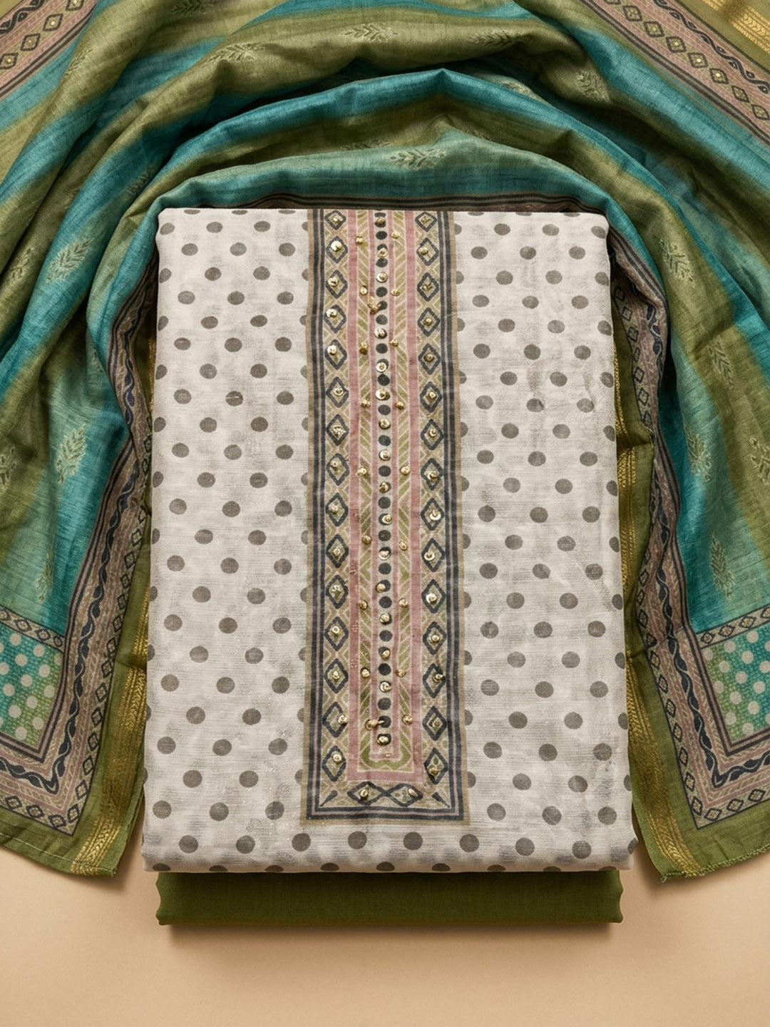 Mehndi Printed Linen Blend Unstitched Dress Material