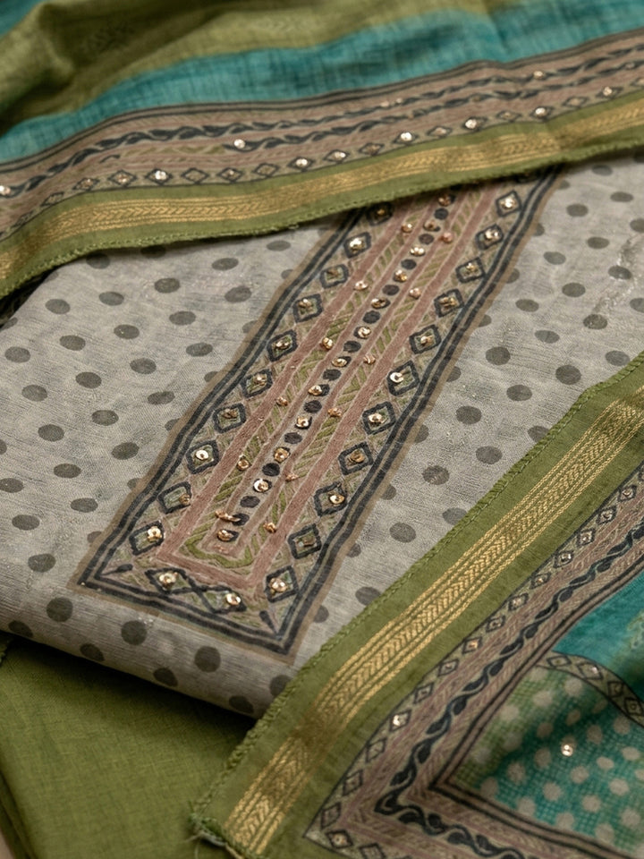 Mehndi Printed Linen Blend Unstitched Dress Material