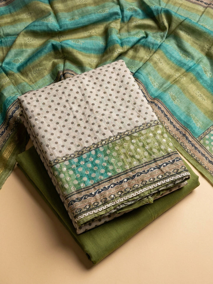 Mehndi Printed Linen Blend Unstitched Dress Material