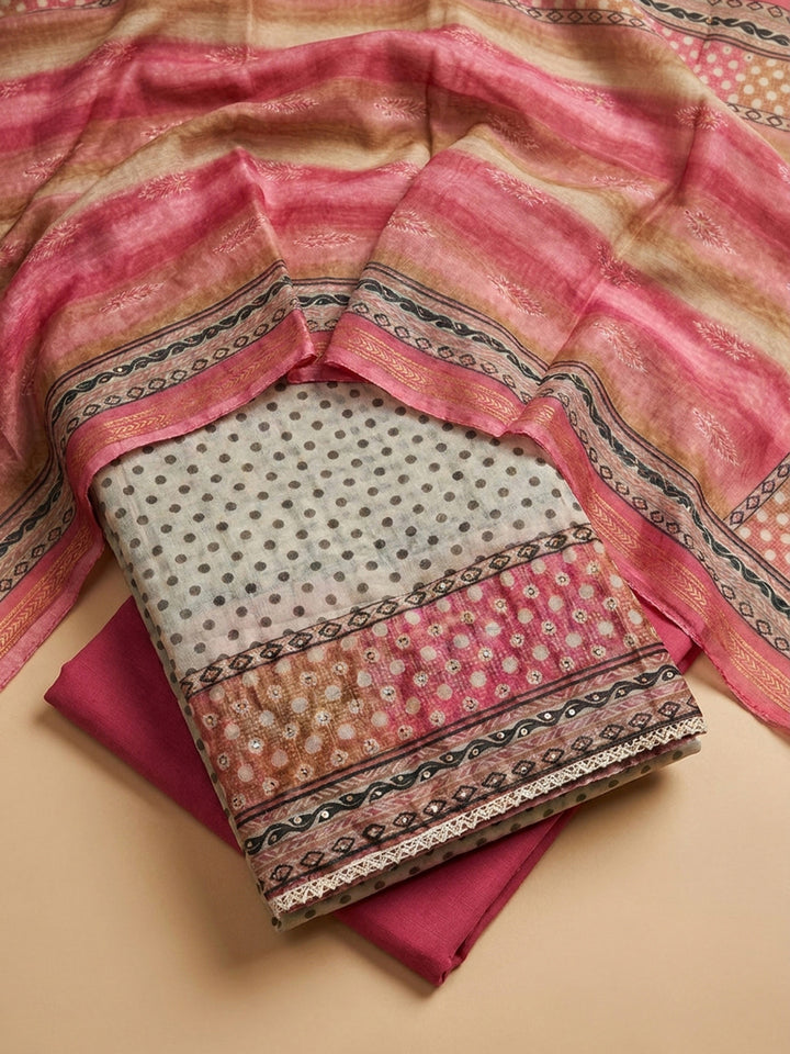 Onion Pink Printed Linen Blend Unstitched Dress Material