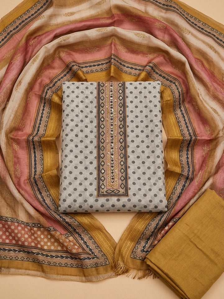 Rust Printed Linen Blend Unstitched Dress Material