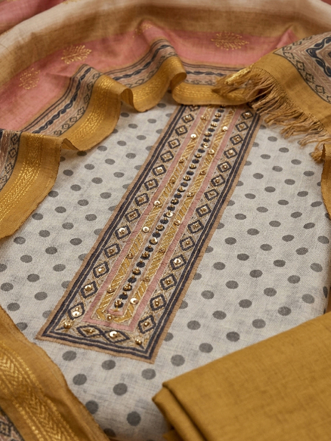 Rust Printed Linen Blend Unstitched Dress Material