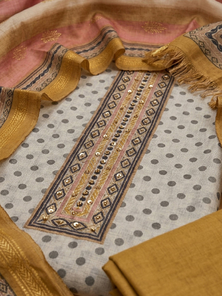 Rust Printed Linen Blend Unstitched Dress Material