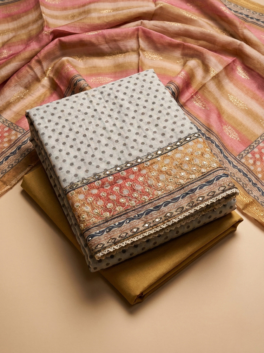 Rust Printed Linen Blend Unstitched Dress Material