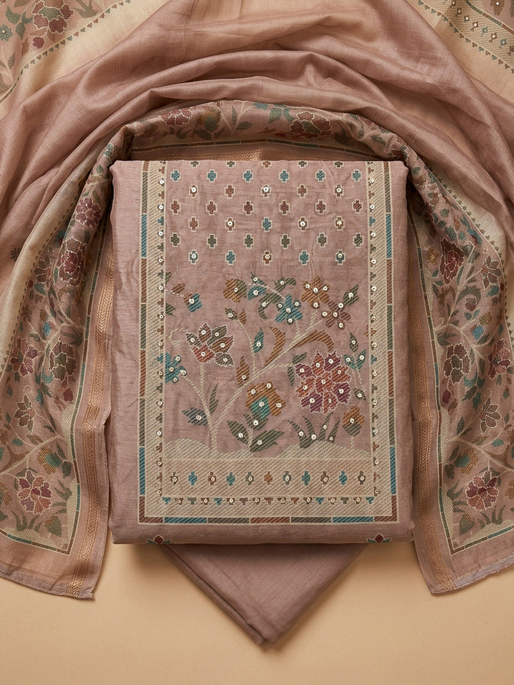 Dull Pink Printed Linen Blend Unstitched Dress Material