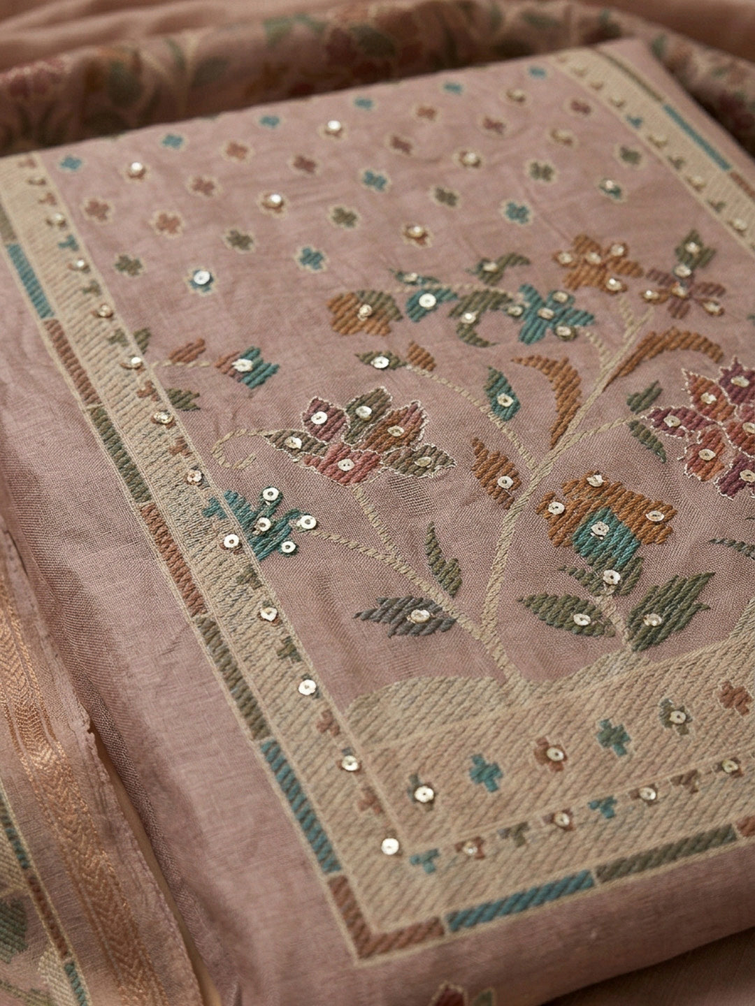 Dull Pink Printed Linen Blend Unstitched Dress Material