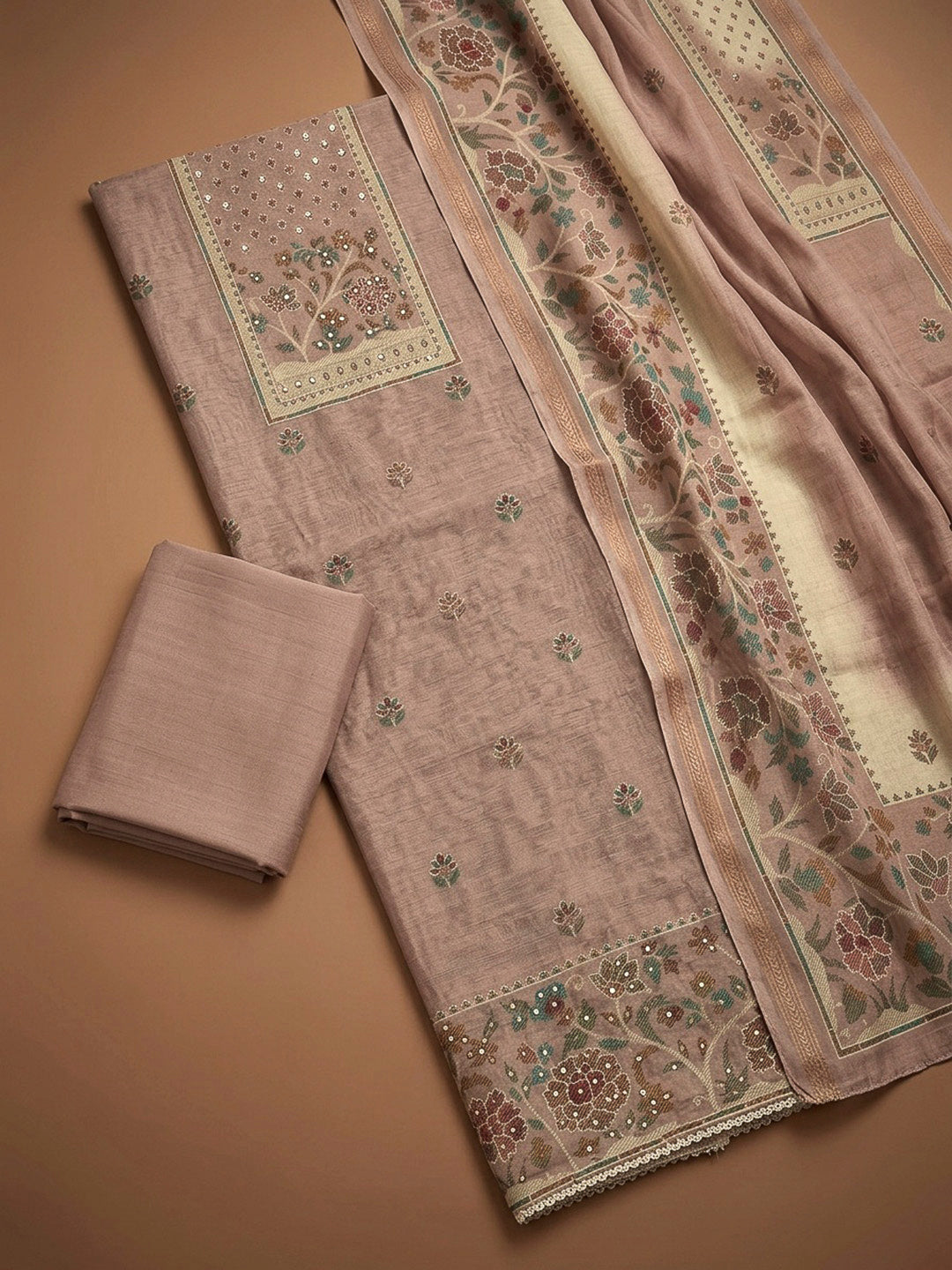 Dull Pink Printed Linen Blend Unstitched Dress Material