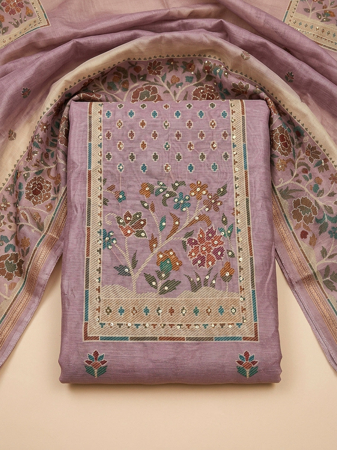 Onion Pink Printed Linen Blend Unstitched Dress Material