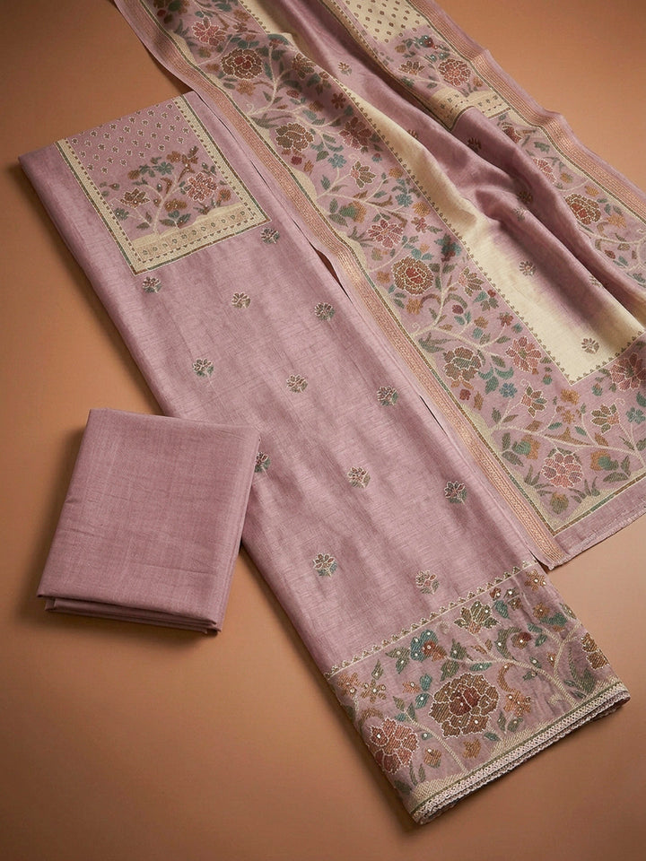Onion Pink Printed Linen Blend Unstitched Dress Material