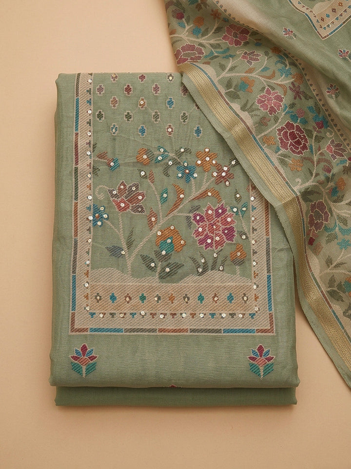 Pista Green Printed Linen Blend Unstitched Dress Material