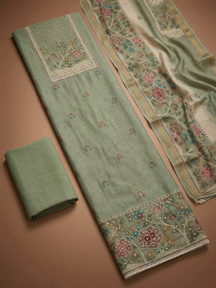 Pista Green Printed Linen Blend Unstitched Dress Material