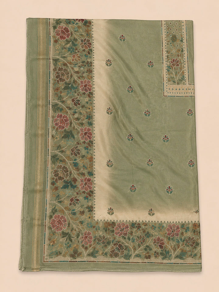 Pista Green Printed Linen Blend Unstitched Dress Material