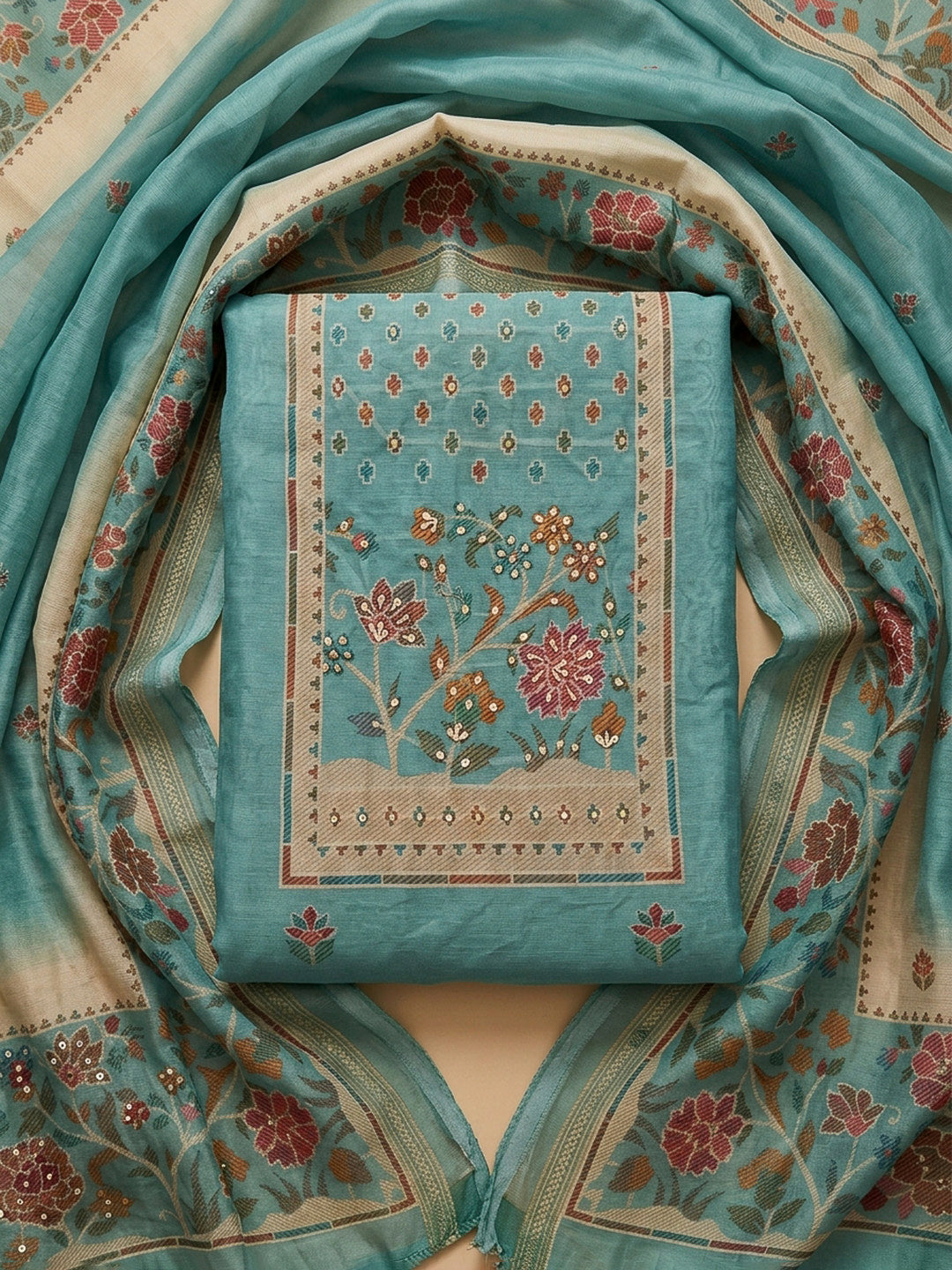 Sea Green Printed Linen Blend Unstitched Dress Material