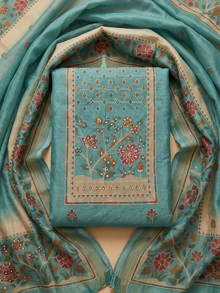 Sea Green Printed Linen Blend Unstitched Dress Material