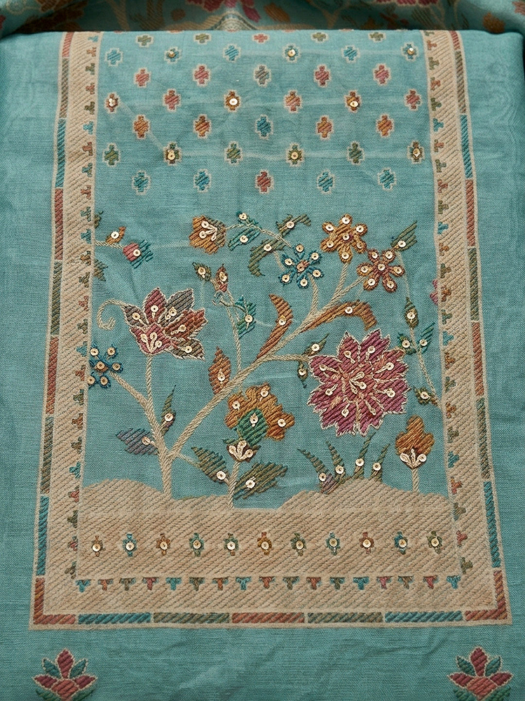 Sea Green Printed Linen Blend Unstitched Dress Material