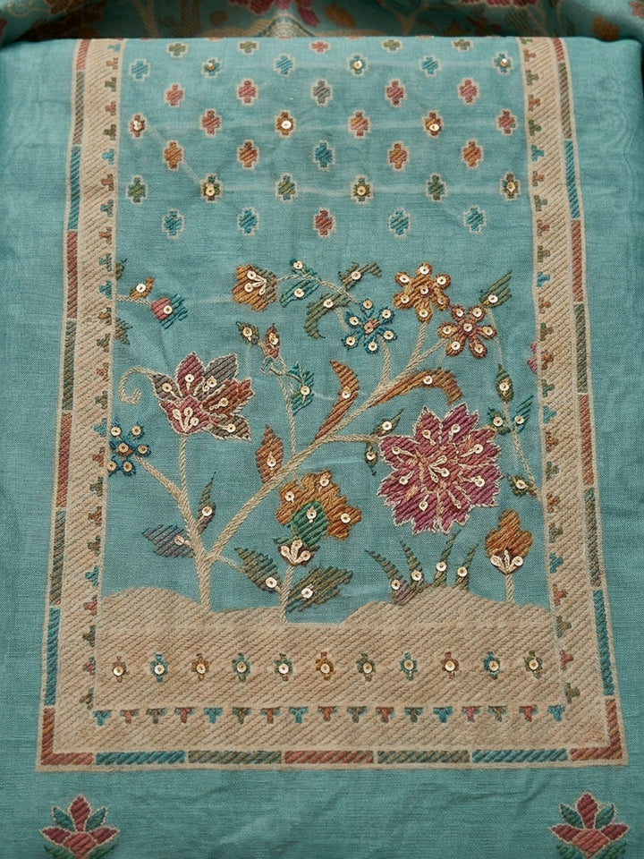 Sea Green Printed Linen Blend Unstitched Dress Material
