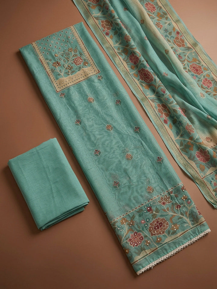 Sea Green Printed Linen Blend Unstitched Dress Material