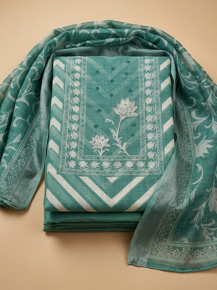Aqua Green Cotton Blend Printed Unstitched Dress Material
