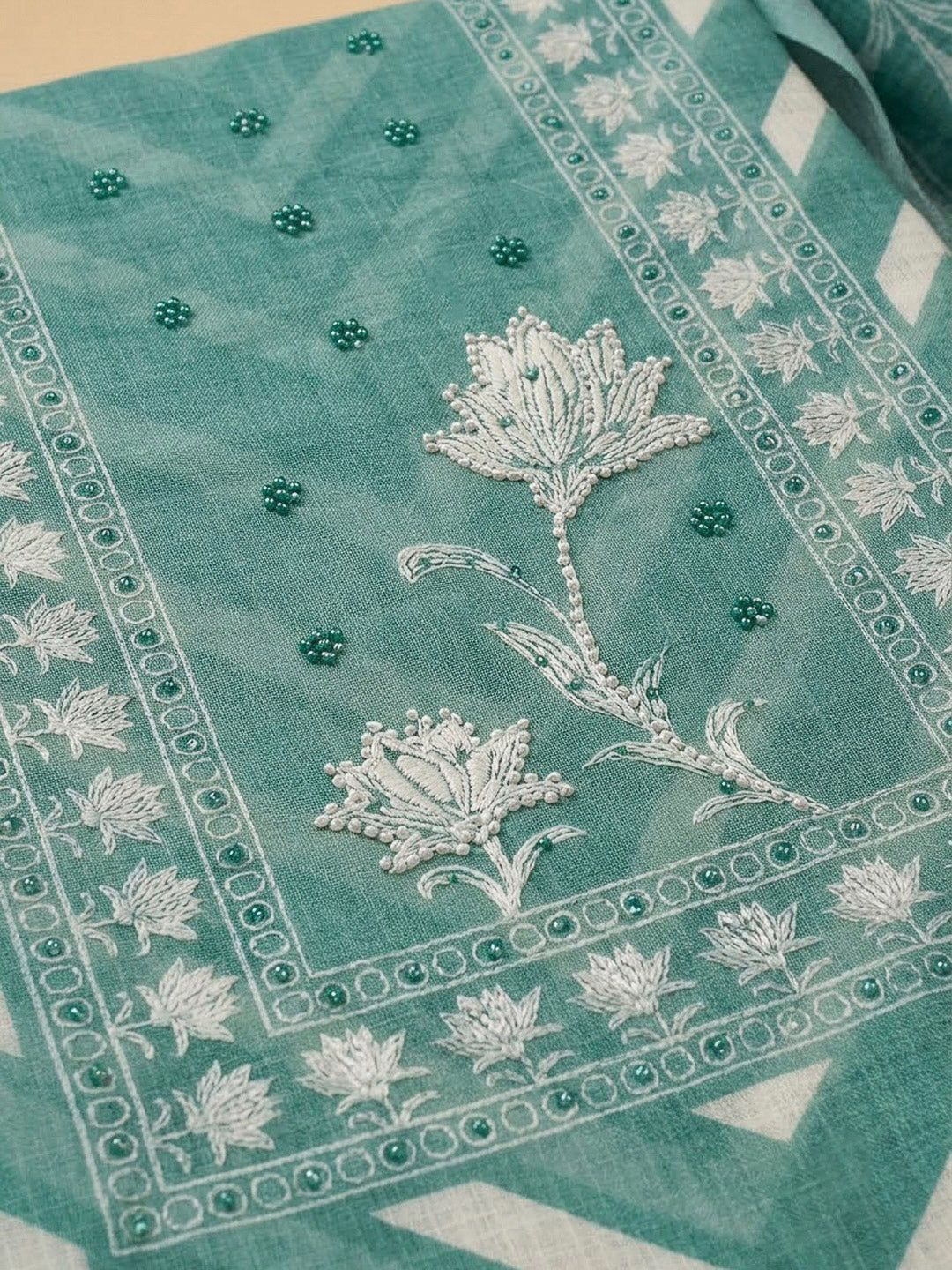Aqua Green Cotton Blend Printed Unstitched Dress Material