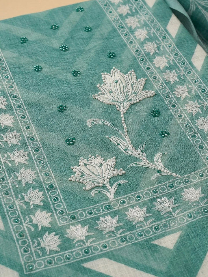 Aqua Green Cotton Blend Printed Unstitched Dress Material