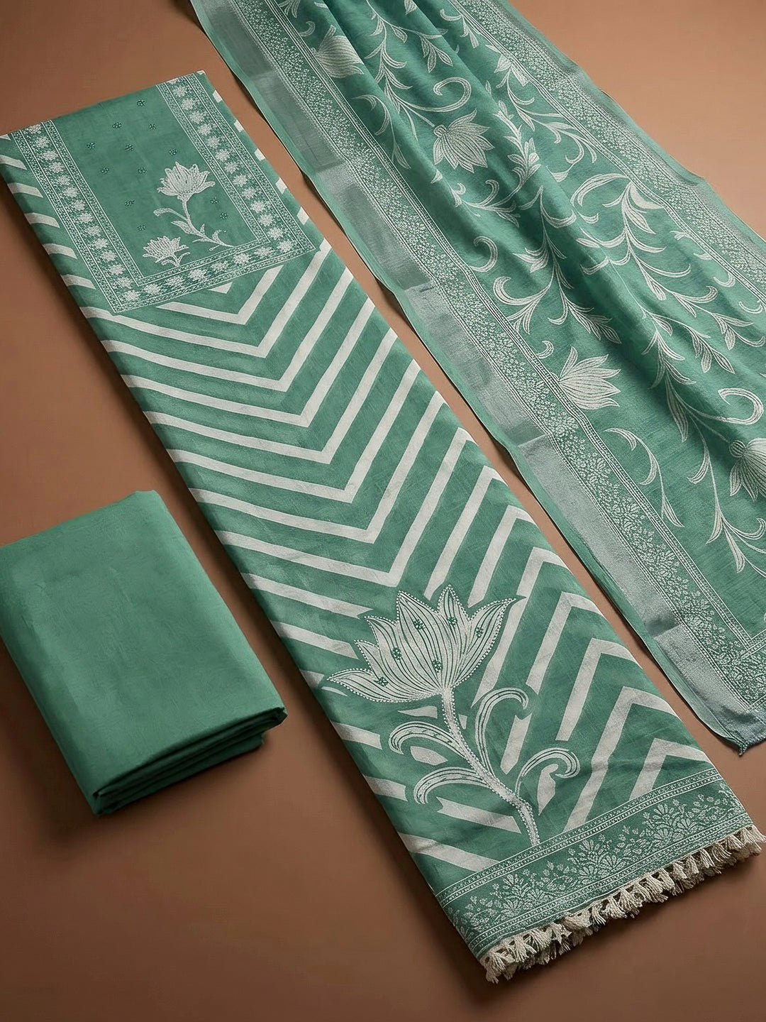 Aqua Green Cotton Blend Printed Unstitched Dress Material