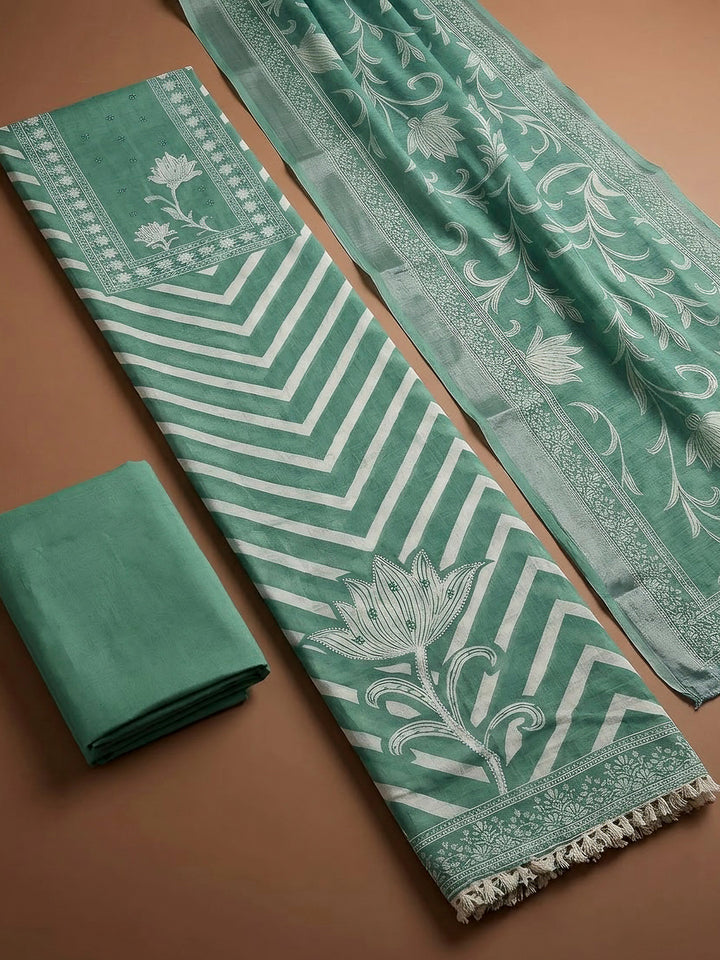 Aqua Green Cotton Blend Printed Unstitched Dress Material