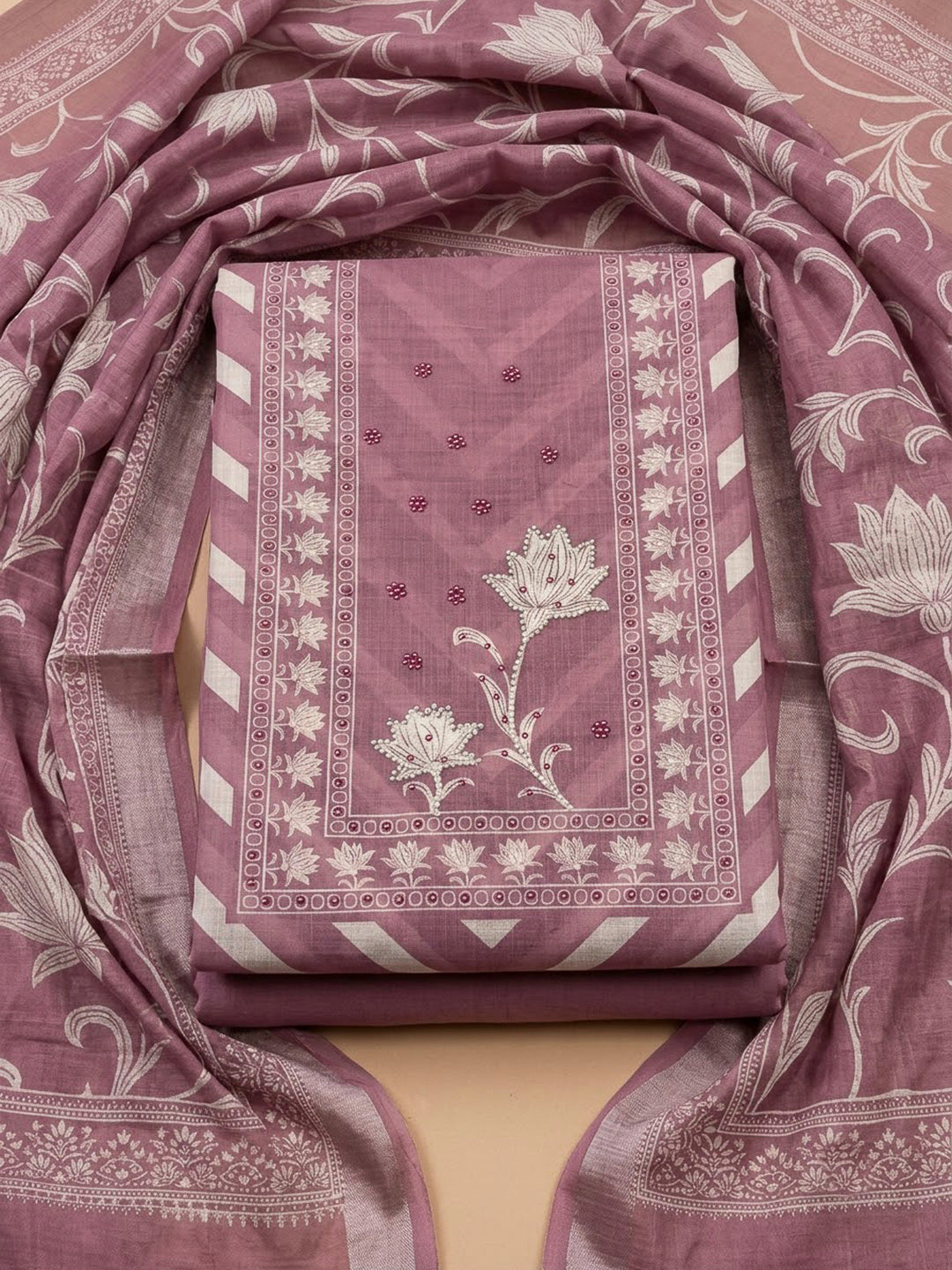 Onion Pink Cotton Blend Printed Unstitched Dress Material