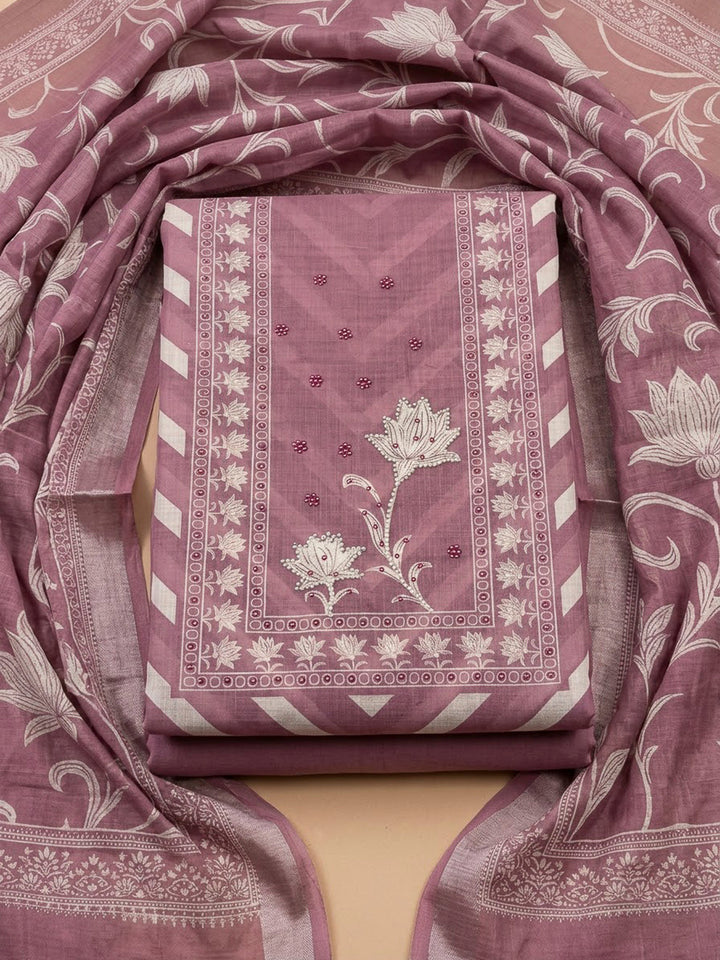 Onion Pink Cotton Blend Printed Unstitched Dress Material