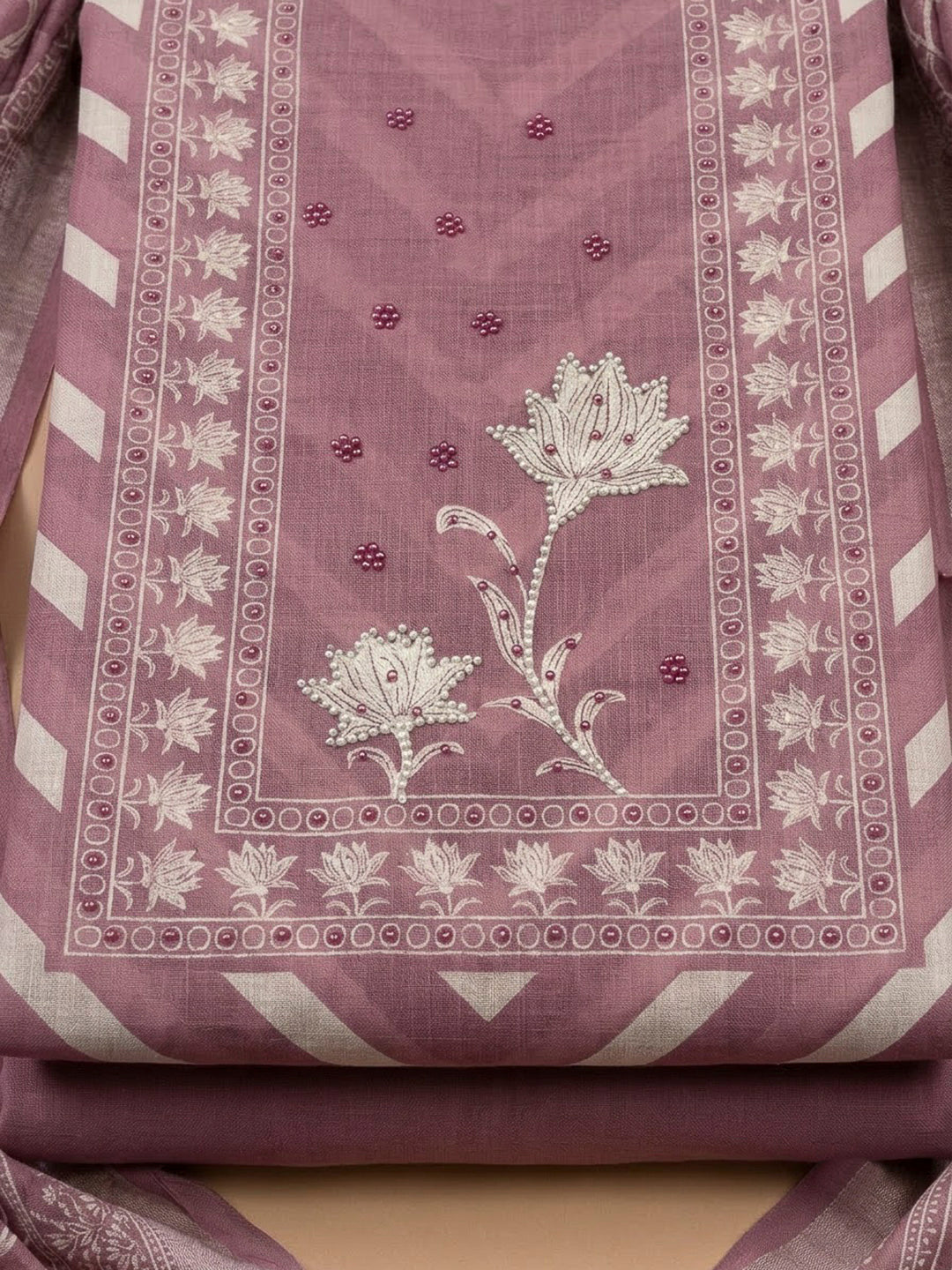 Onion Pink Cotton Blend Printed Unstitched Dress Material