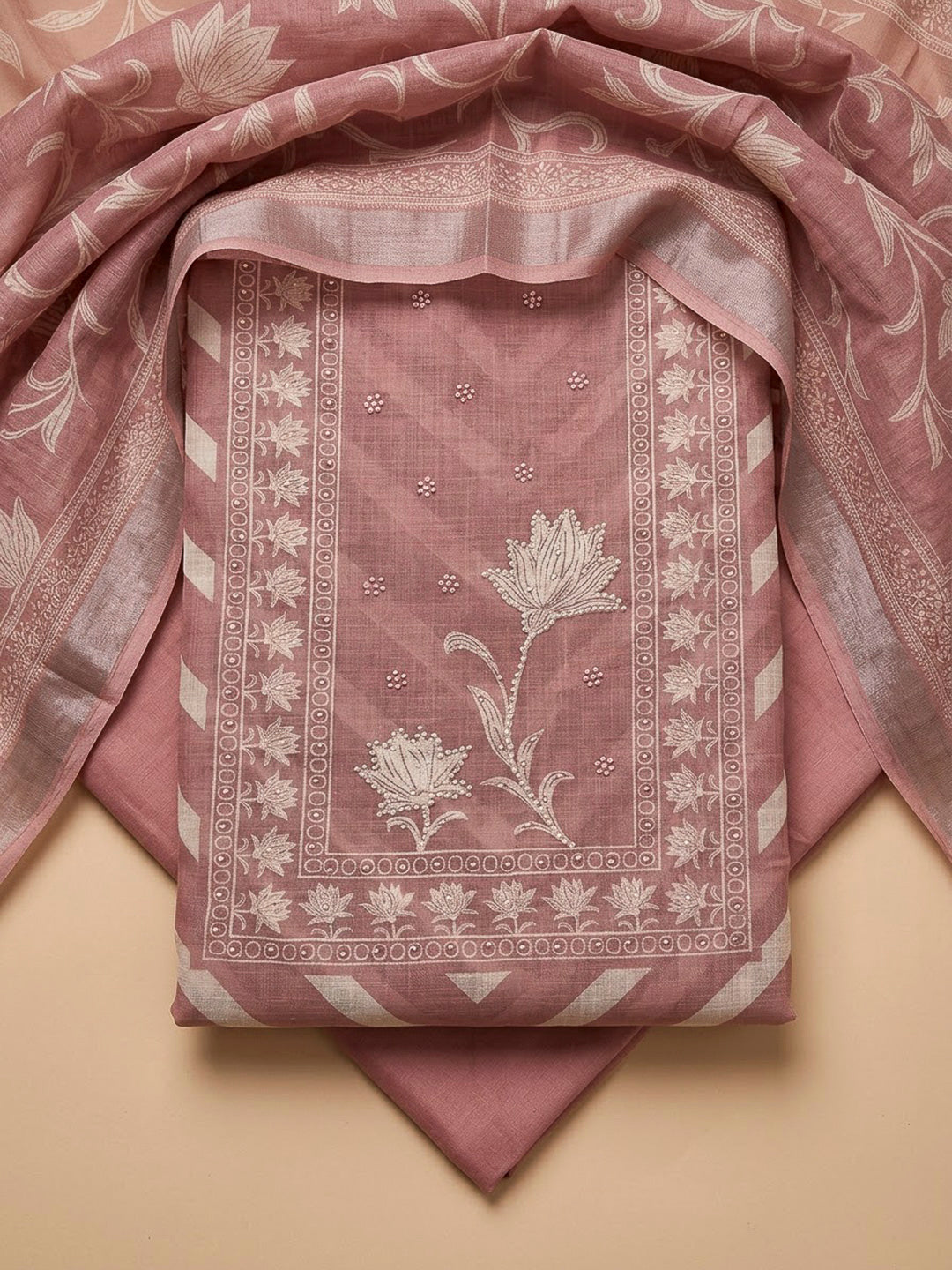 Peach Cotton Blend Printed Unstitched Dress Material