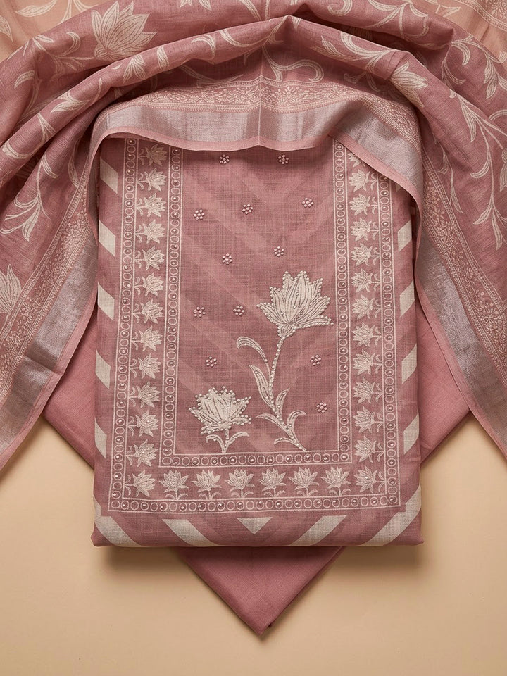 Peach Cotton Blend Printed Unstitched Dress Material