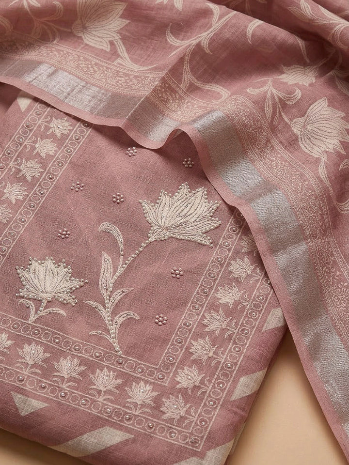 Peach Cotton Blend Printed Unstitched Dress Material