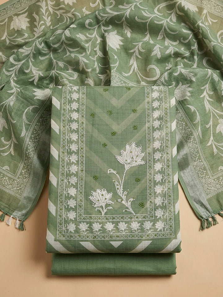 Pista Green Cotton Blend Printed Unstitched Dress Material