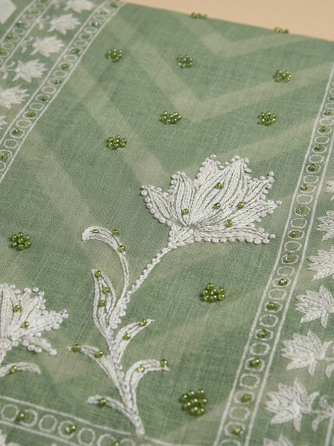 Pista Green Cotton Blend Printed Unstitched Dress Material