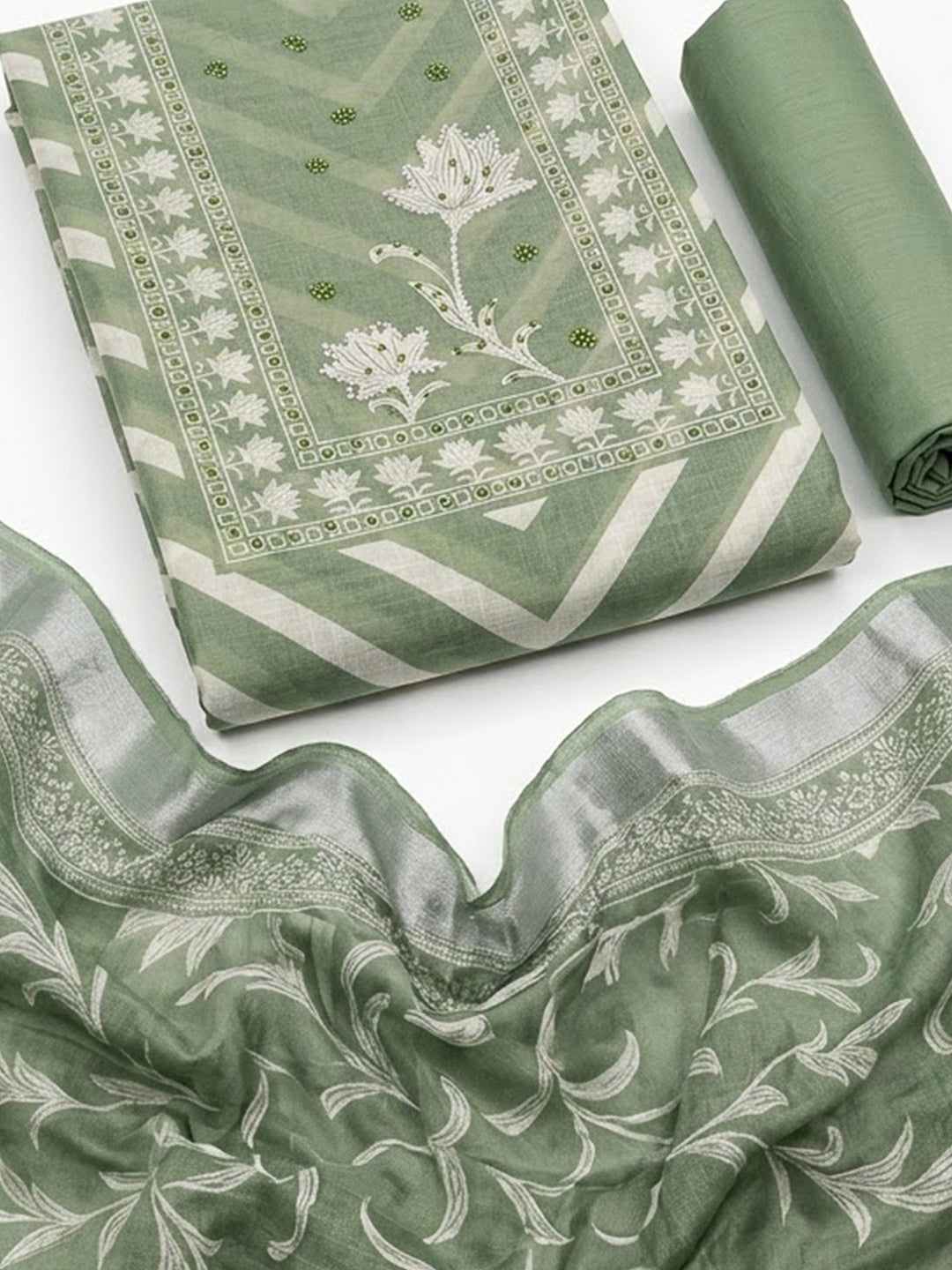 Pista Green Cotton Blend Printed Unstitched Dress Material
